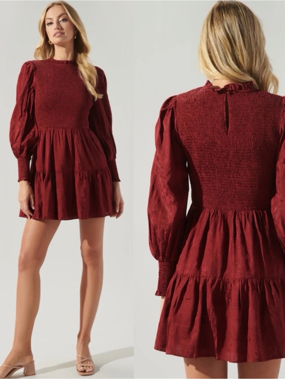 SugarLips Burgundy Smocked Tiered Long-Sleeve Mini Dress